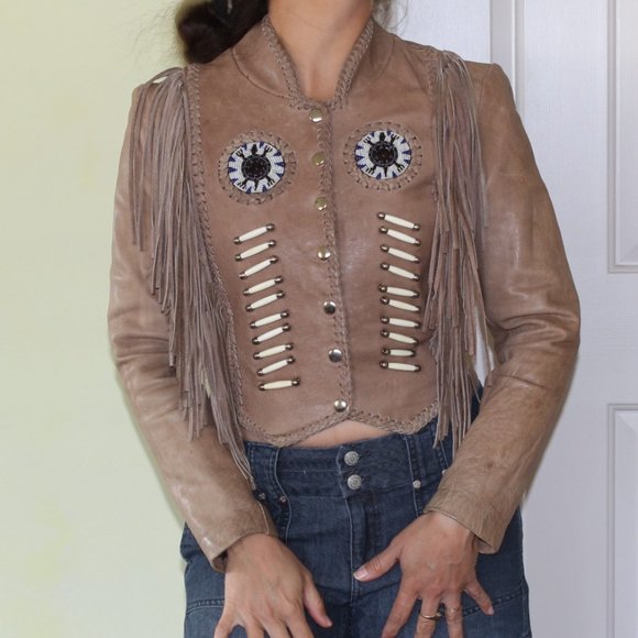 Hot Leathers fringe motorcycle bone and bided women's jacket Size XS long sleeve - Picture 5 of 13